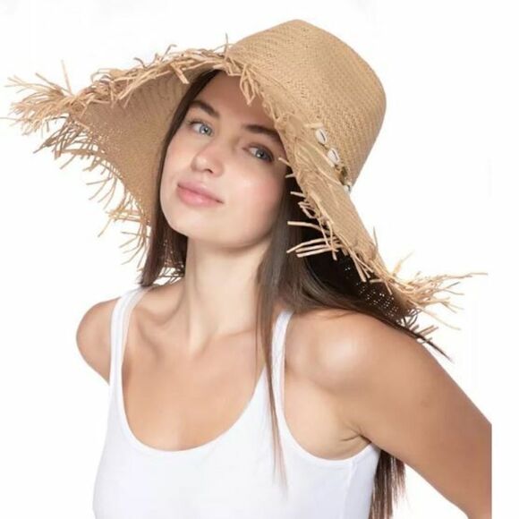 INC Womens Natural Shell Band Detail Elastic Fedora Top Fringed Floppy Hat - Picture 1 of 11